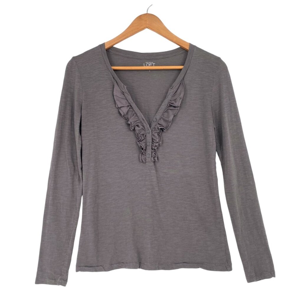 Ann Taylor Loft Womens S Long Sleeve Gray Top Ruffled VNeck Blouse